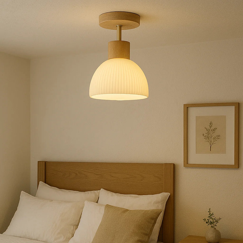 Ceiling Light Glass Diffuser Natural Wood Surround Integrated LED
