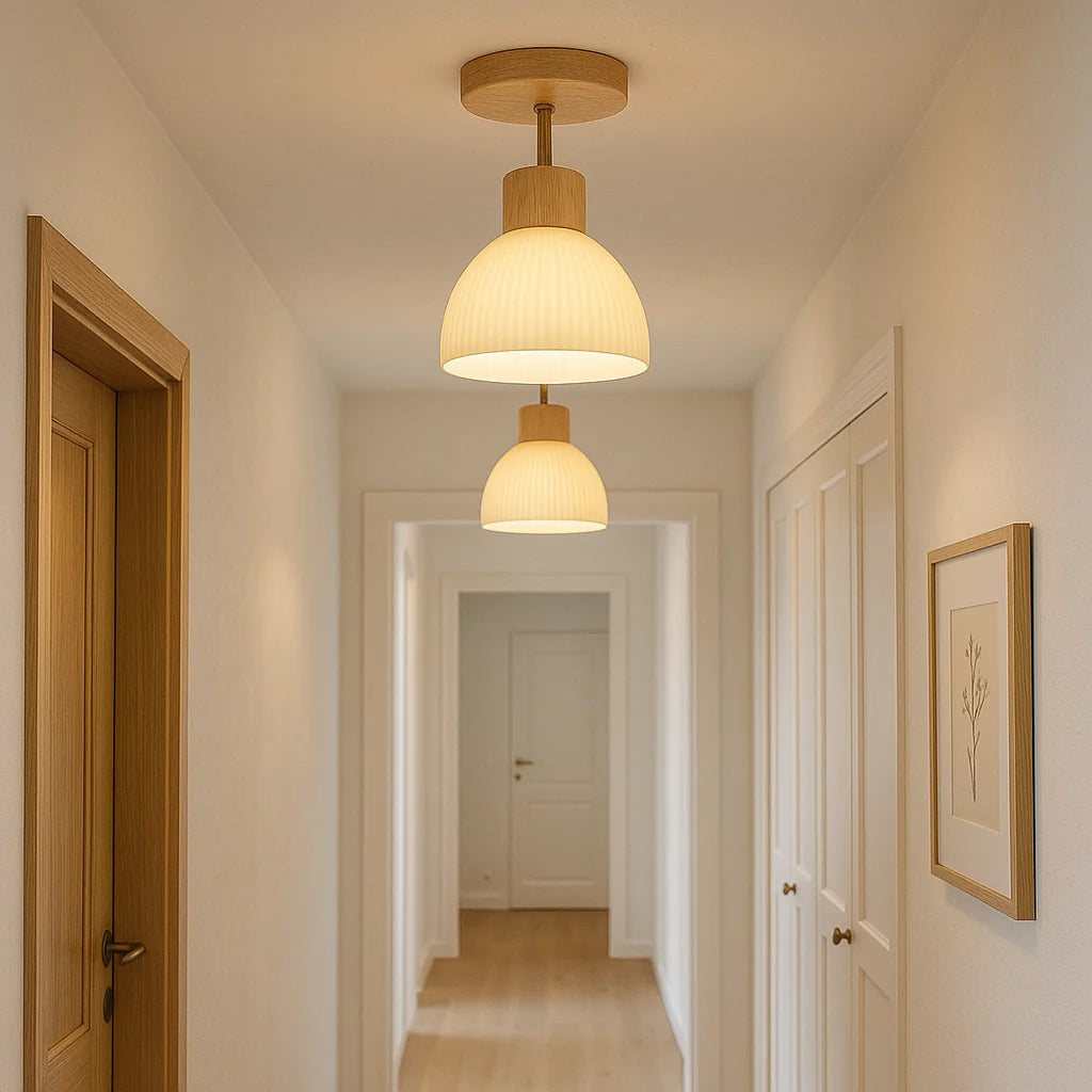 Ceiling Light Glass Diffuser Natural Wood Surround Integrated LED