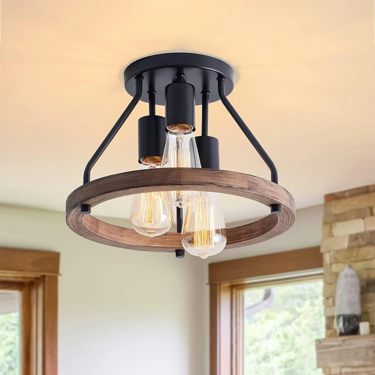 Ceiling Light Timber Ring 3-Light Even Lighting