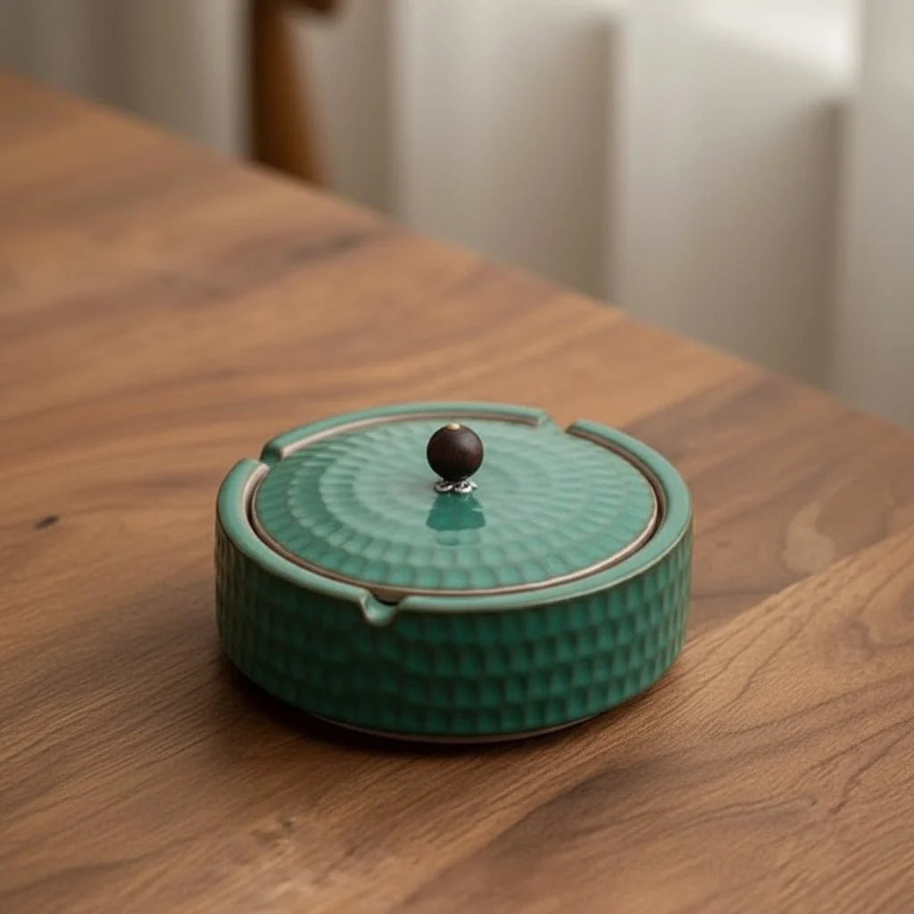 Ceramic Ashtray With Slotted Wooden Lid