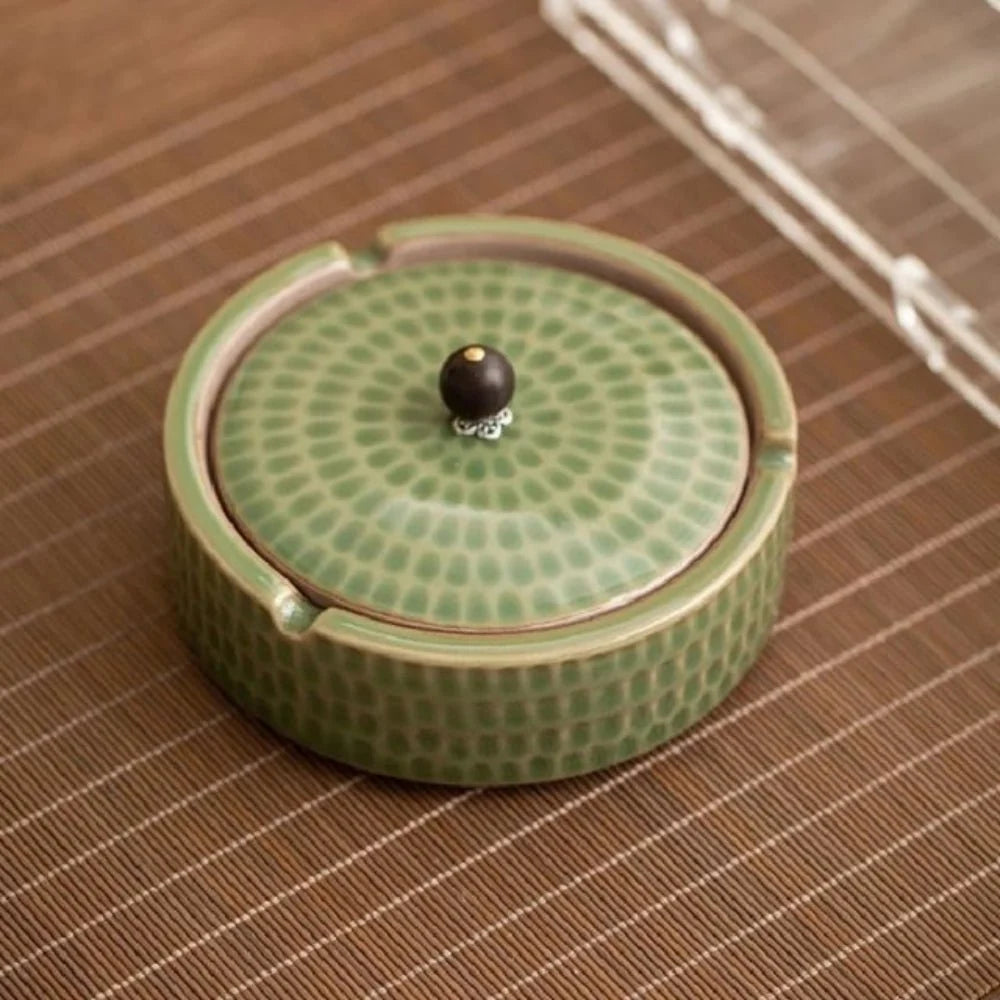 Ceramic Ashtray With Slotted Wooden Lid