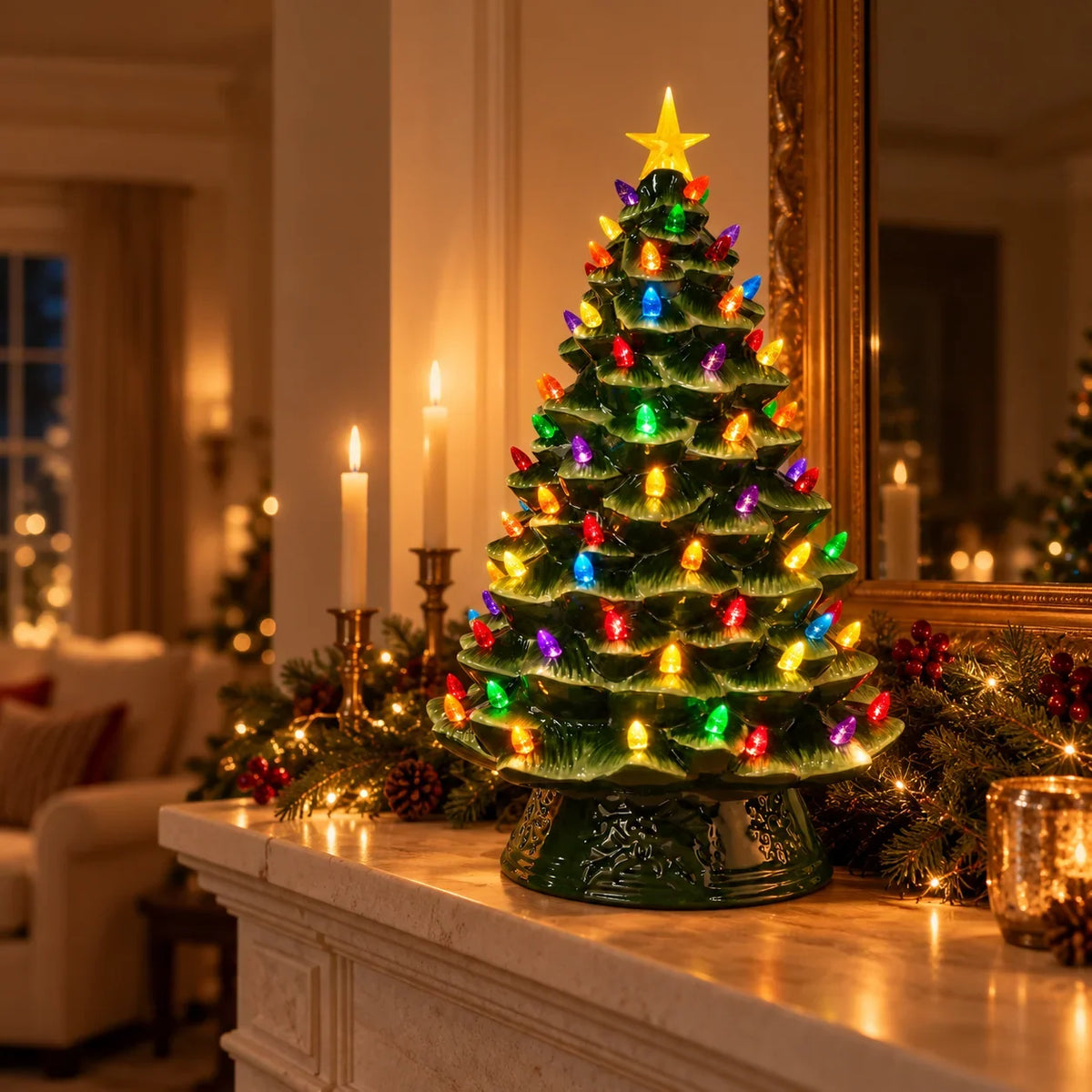 Ceramic Christmas Tree Glazed Multicolor Warm LED Lights