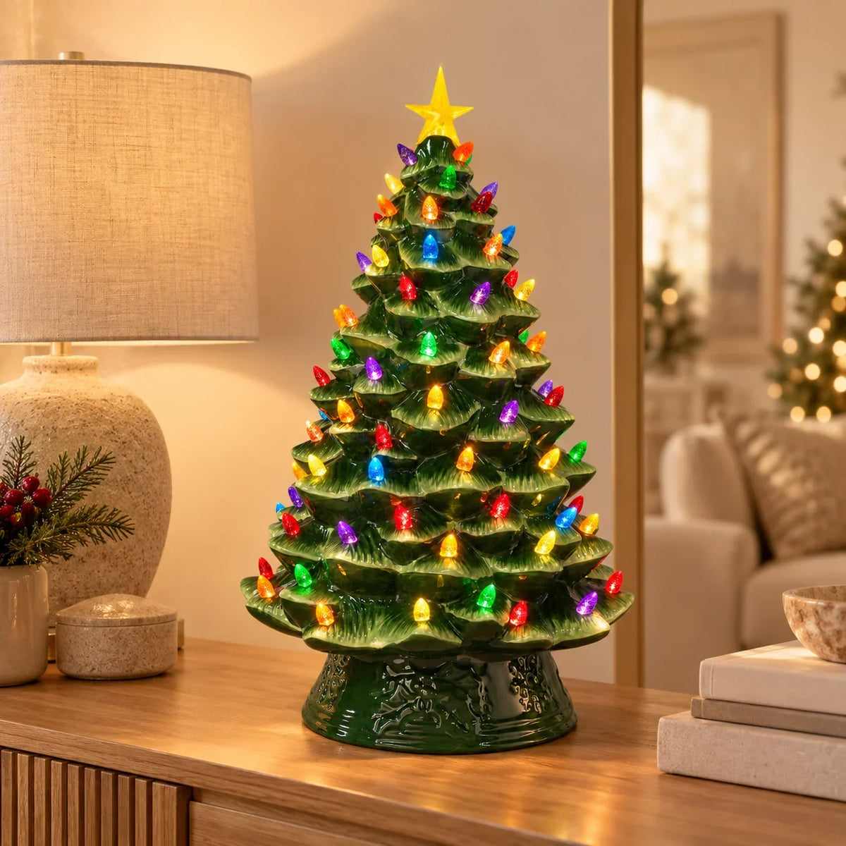 Ceramic Christmas Tree Glazed Multicolor Warm LED Lights