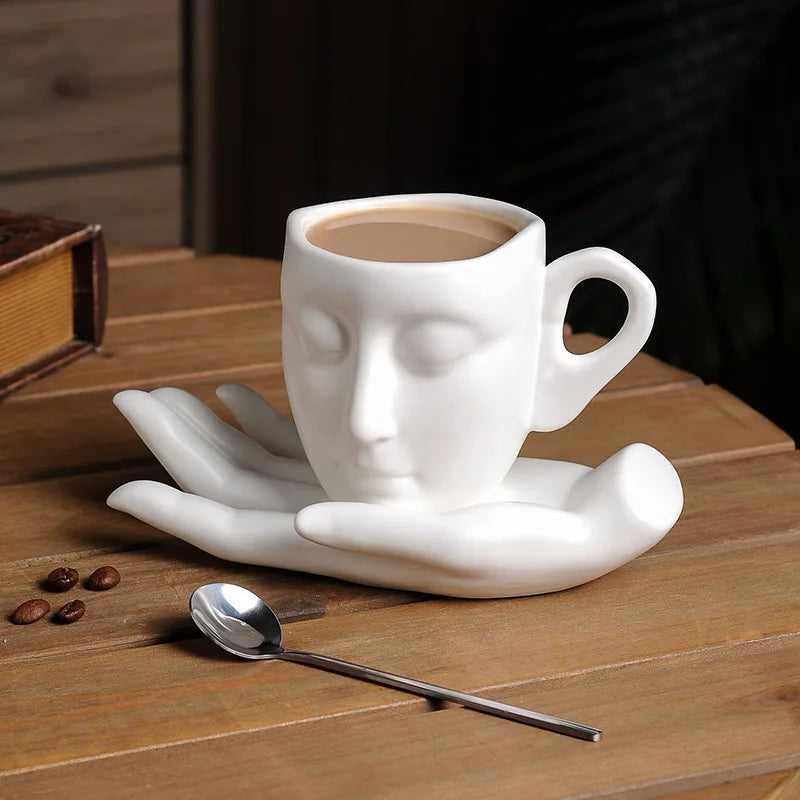 Ceramic Mug Sculptural Face Design Hand-Shaped Saucer 8.8 Oz