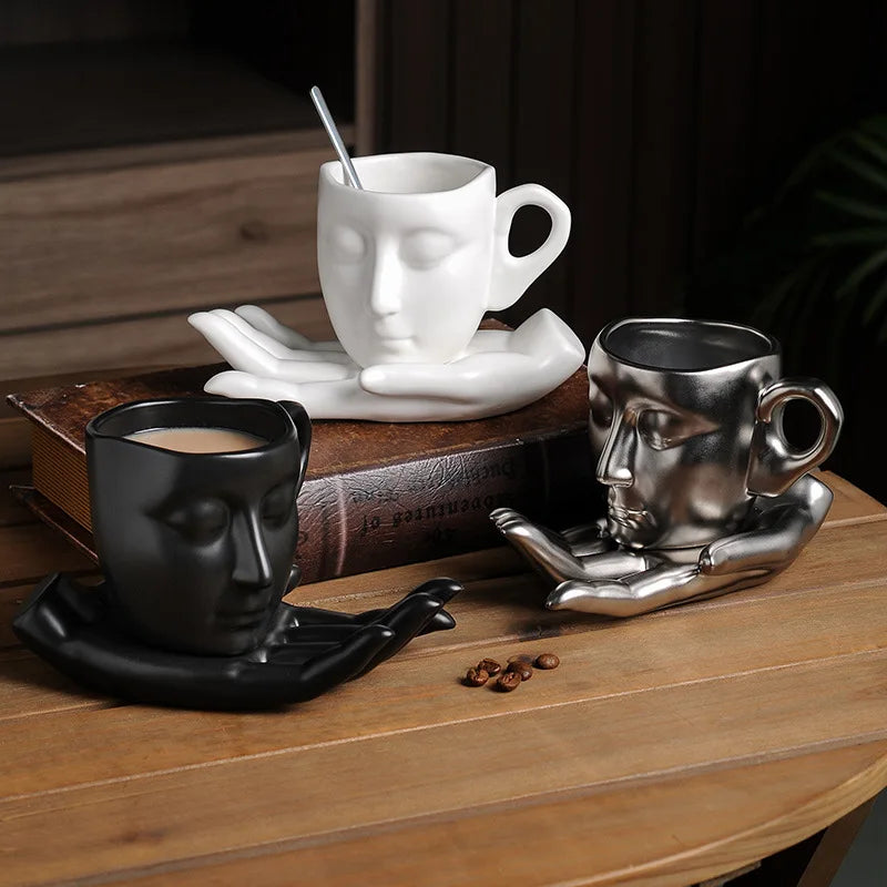Ceramic Mug Sculptural Face Design Hand-Shaped Saucer 8.8 Oz