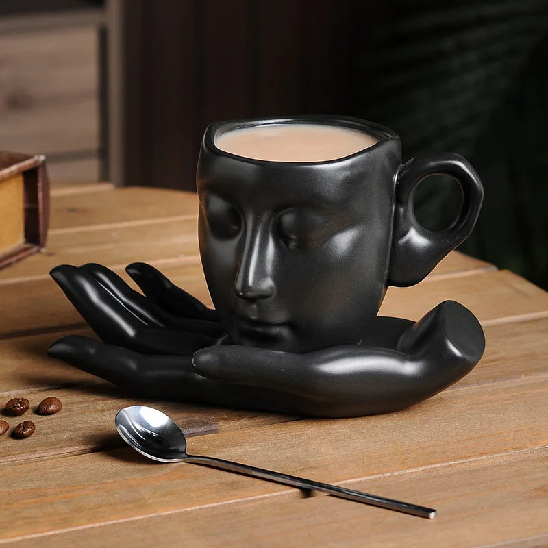 Ceramic Mug Sculptural Face Design Hand-Shaped Saucer 8.8 Oz