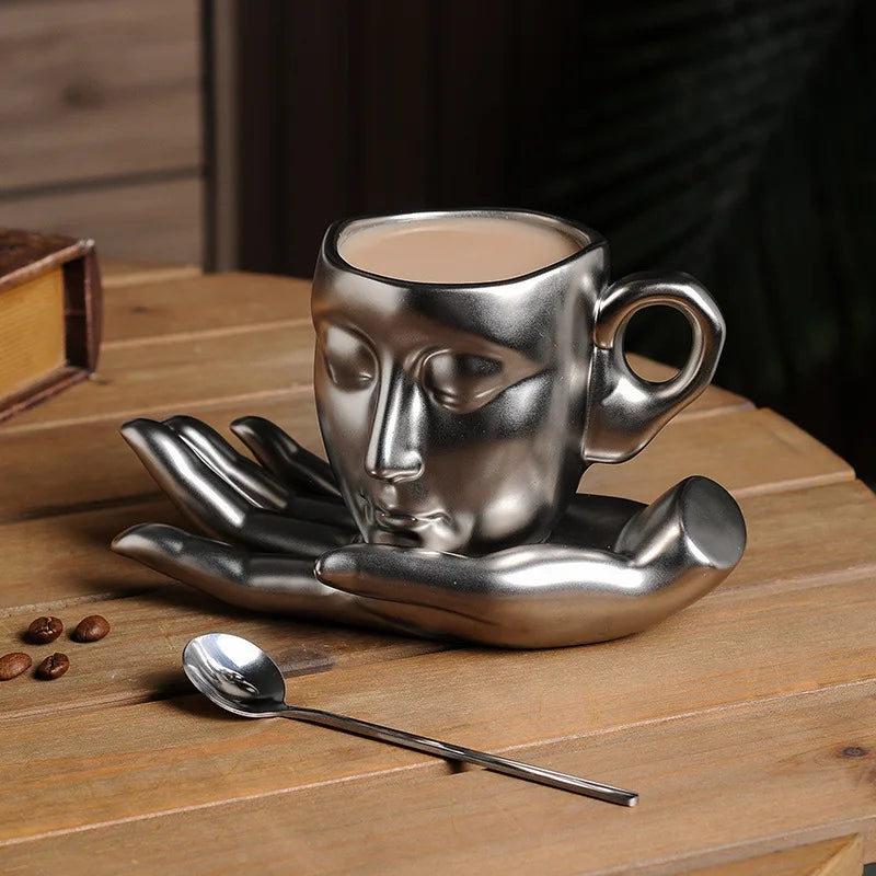 Ceramic Mug Sculptural Face Design Hand-Shaped Saucer 8.8 Oz
