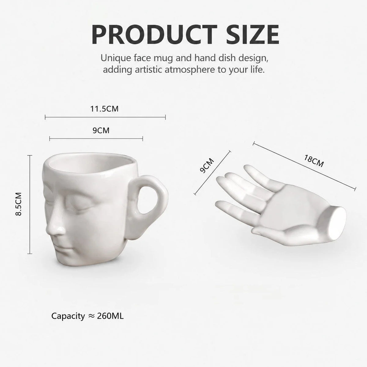Ceramic Mug Sculptural Face Design Hand-Shaped Saucer 8.8 Oz