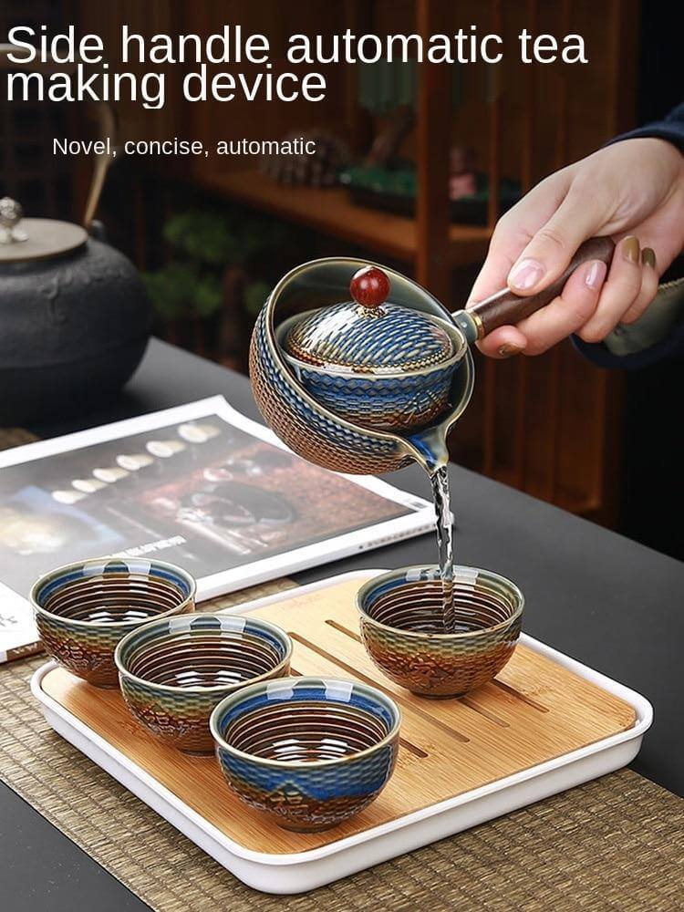 Ceramic Tea Set Rotating Infuser Four Cups Portable Bag