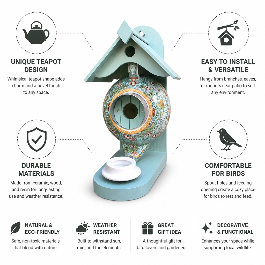 Ceramic & Wood Teapot Bird Feeder House