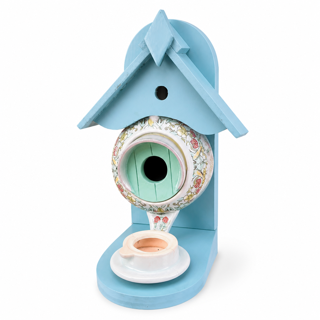 Ceramic & Wood Teapot Bird Feeder House