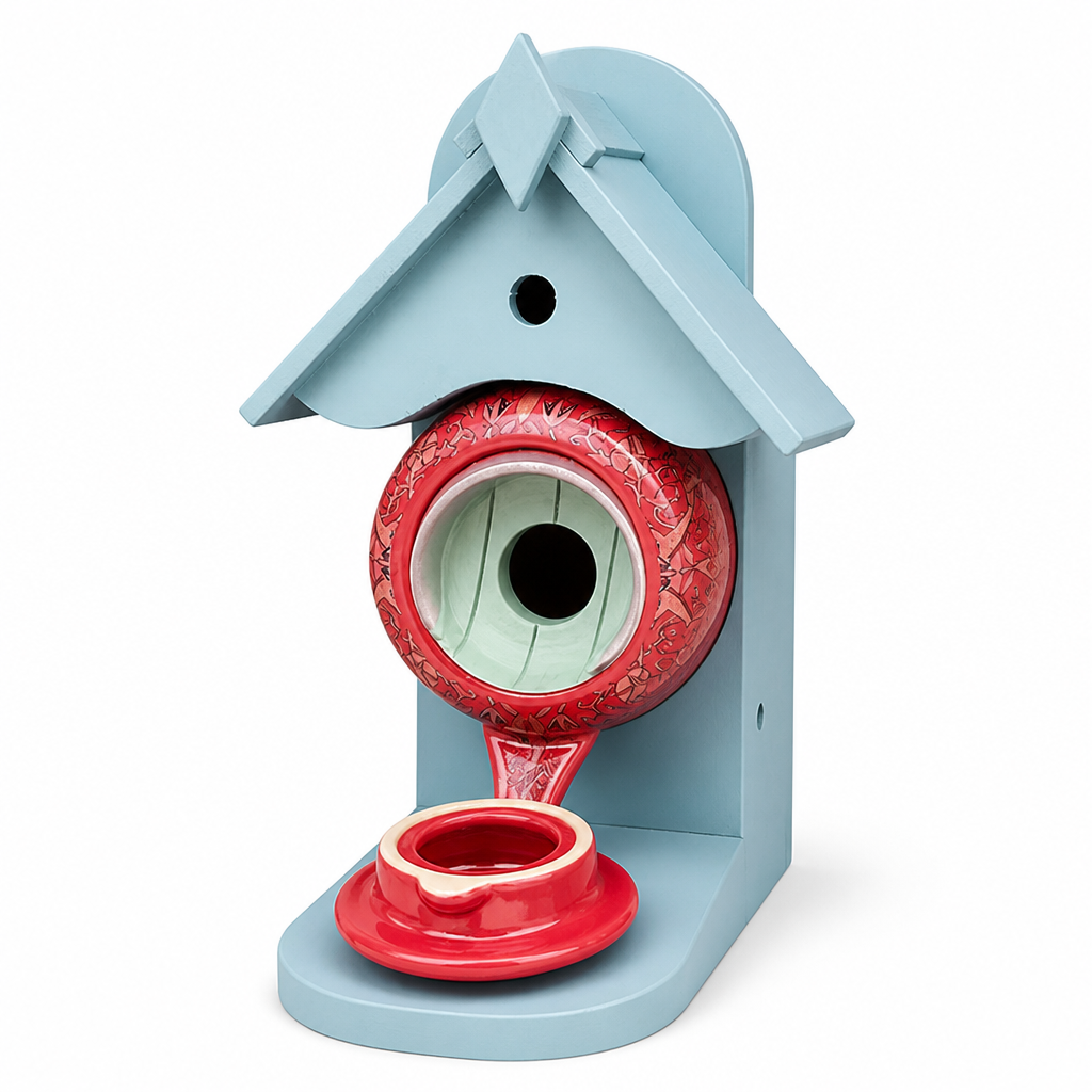 Ceramic & Wood Teapot Bird Feeder House