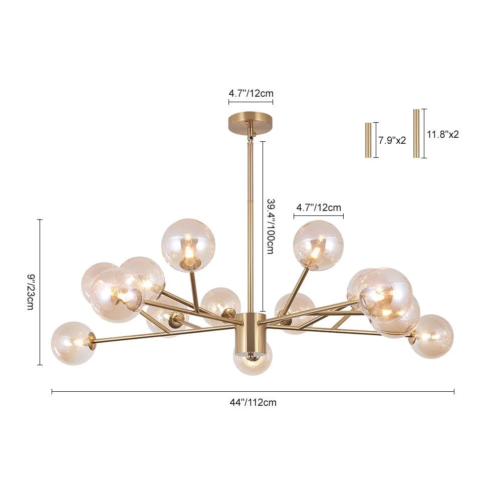 Chandelier 15 Glass Globes Adjustable Height & Sloped Ceiling Compatible
