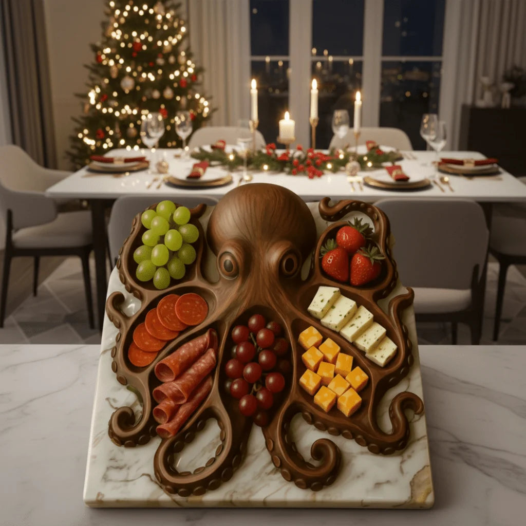 Charcuterie Board Octopus-Shaped Recycled Wood Hand-Polished Finish