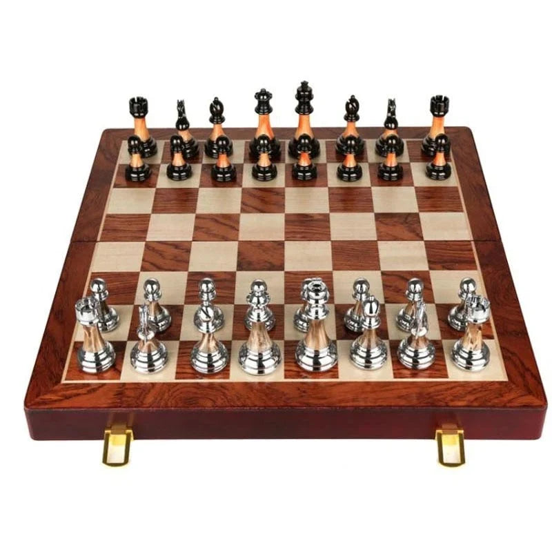 Chess Set Weighted Metal Pieces Lockable Wood Board