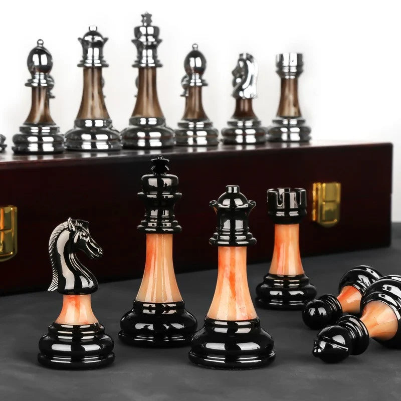 Chess Set Weighted Metal Pieces Lockable Wood Board