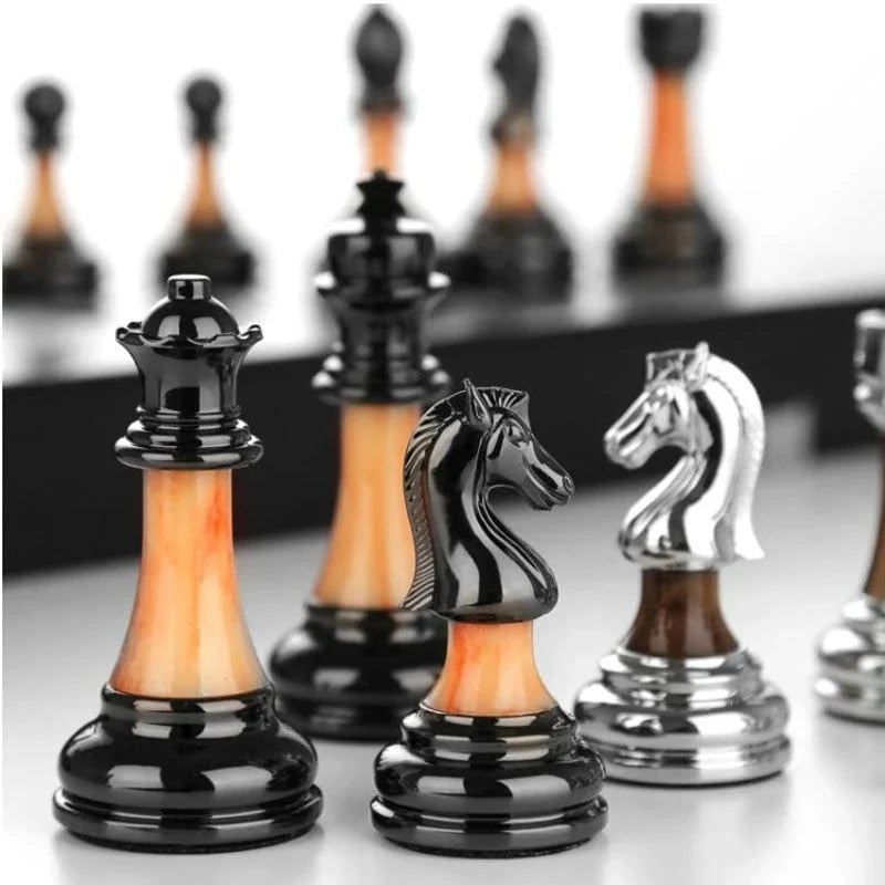 Chess Set Weighted Metal Pieces Lockable Wood Board