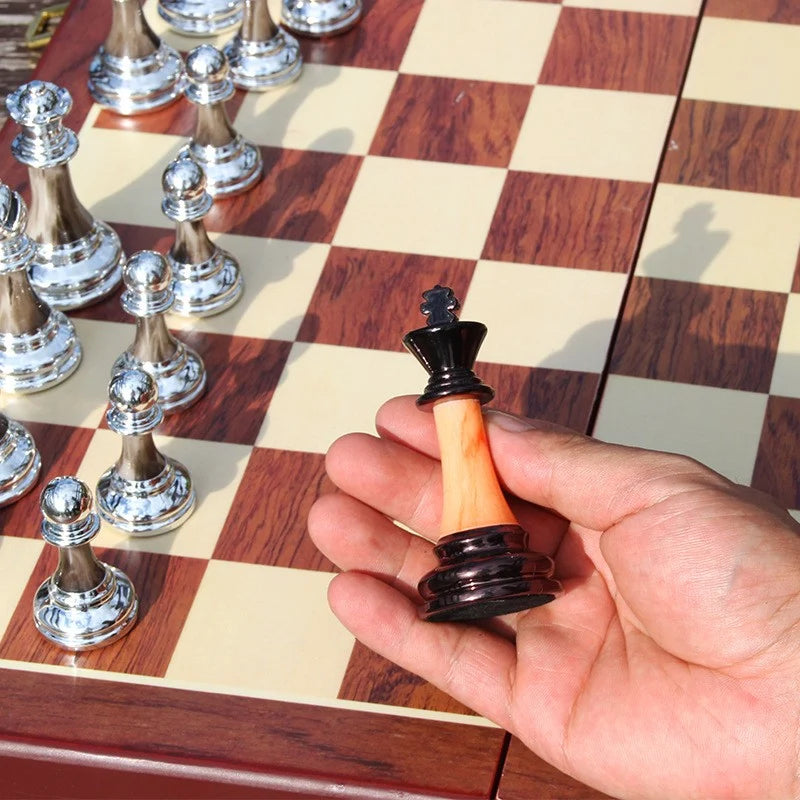 Chess Set Weighted Metal Pieces Lockable Wood Board