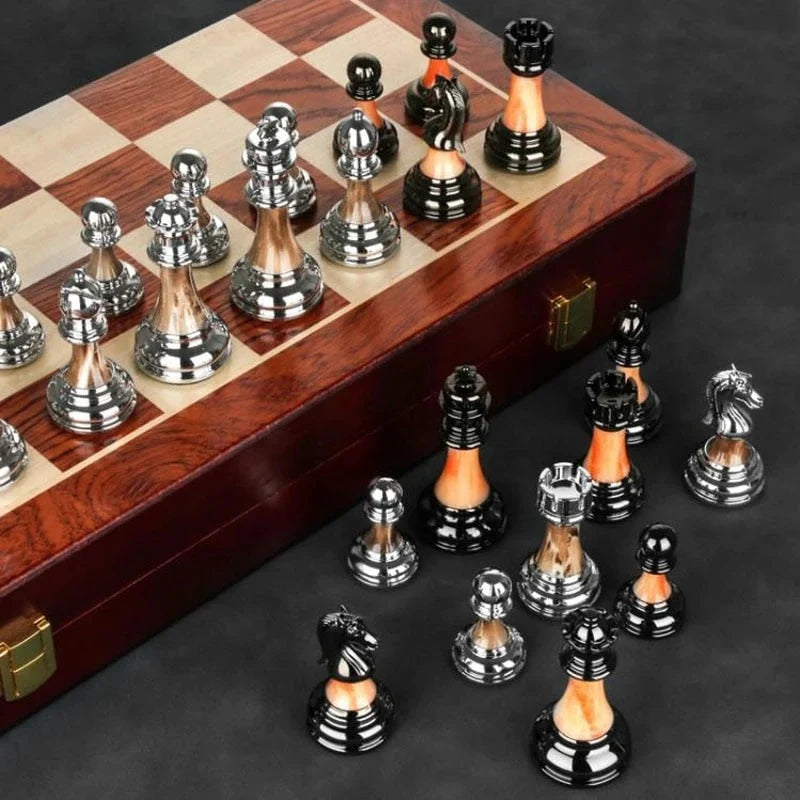 Chess Set Weighted Metal Pieces Lockable Wood Board