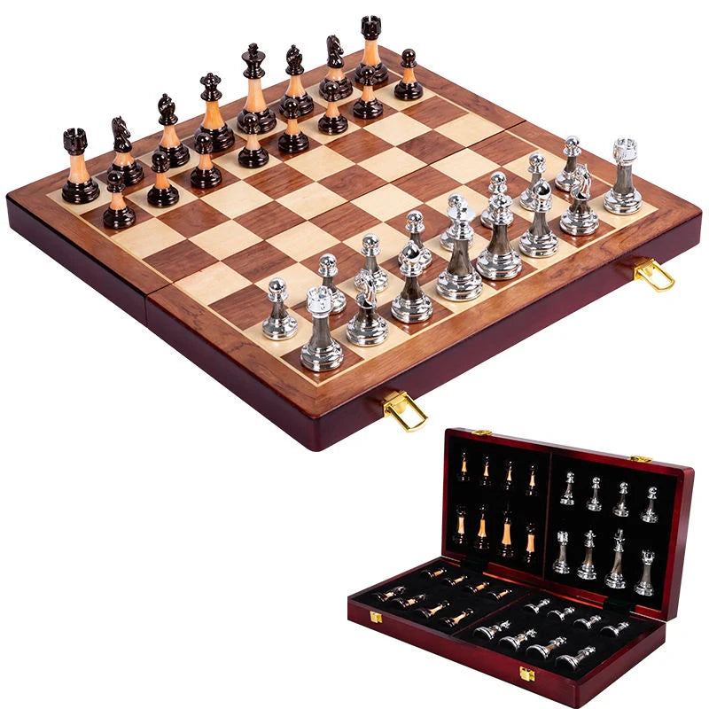 Chess Set Weighted Metal Pieces Lockable Wood Board