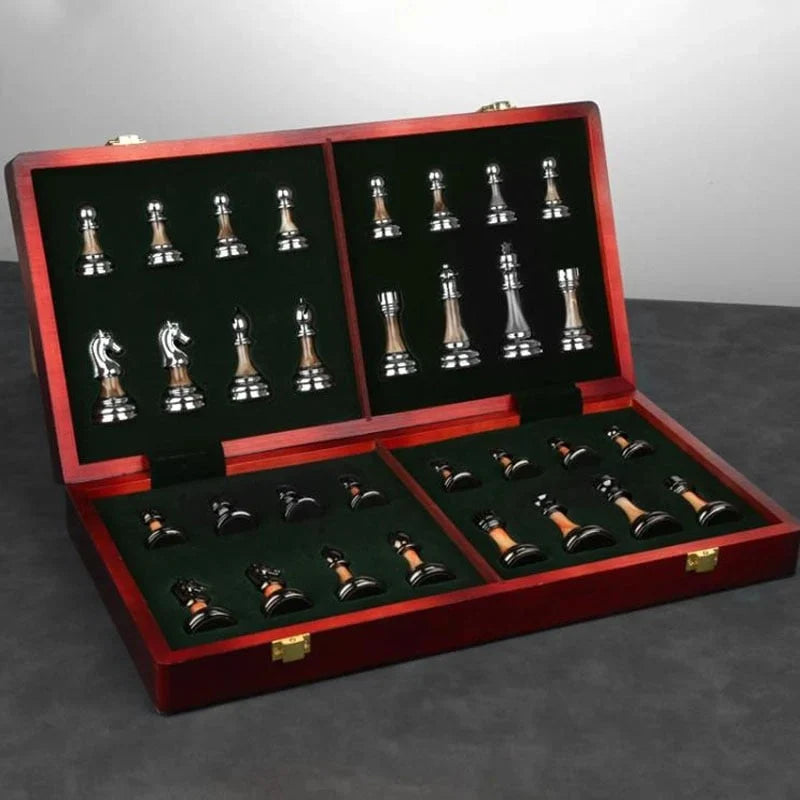Chess Set Weighted Metal Pieces Lockable Wood Board