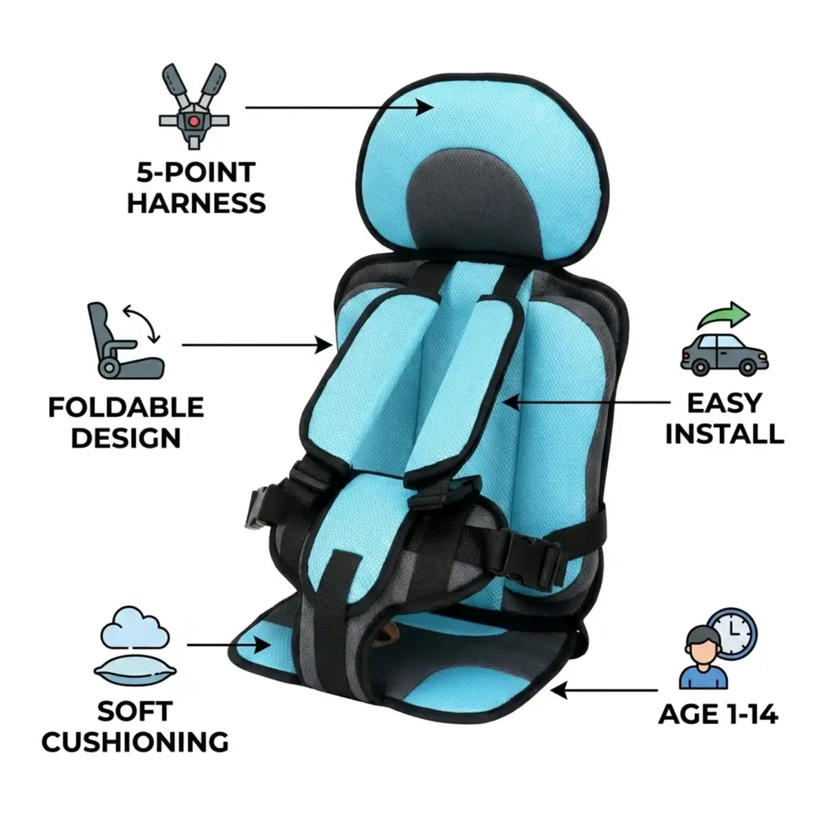 Child Car Booster Seat Foldable Built-In 5-Point Harness