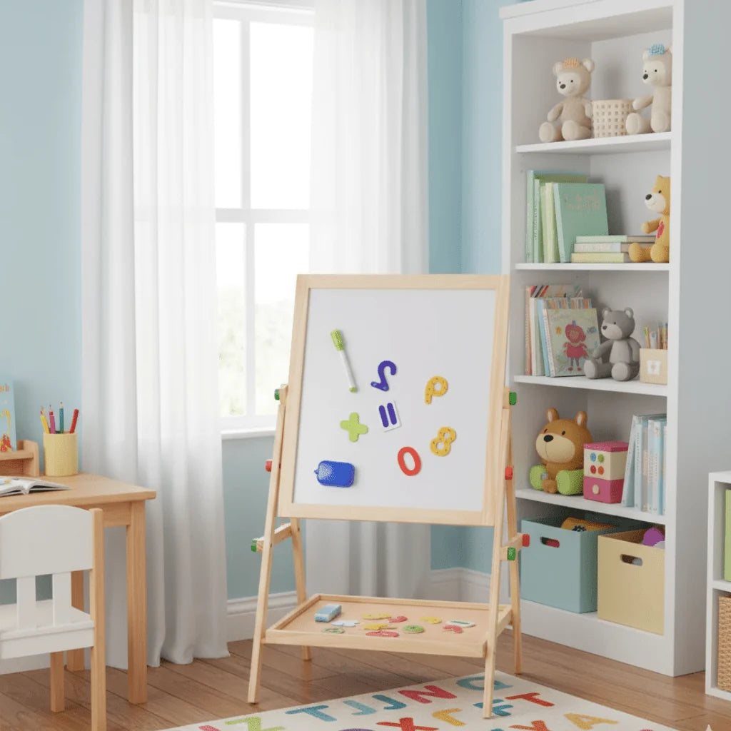 Children's Drawing Board Double-Sided Chalkboard & Whiteboard Height-Adjustable Wooden Frame