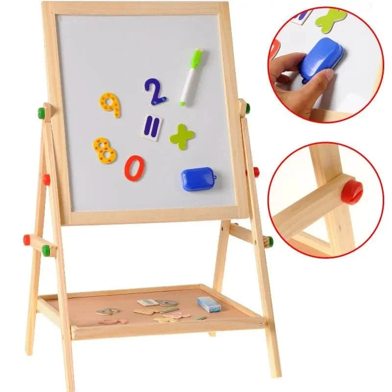 Children's Drawing Board Double-Sided Chalkboard & Whiteboard Height-Adjustable Wooden Frame