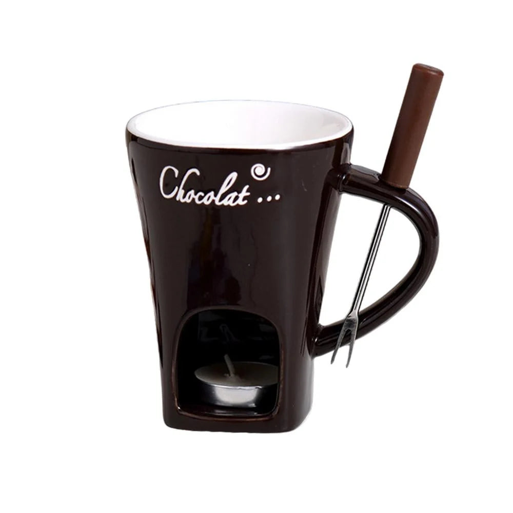 Chocolate Fondue Cup Candle-Heated Ceramic Stainless Steel Fork