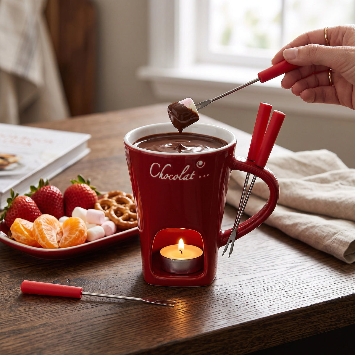 Chocolate Fondue Cup Candle-Heated Ceramic Stainless Steel Fork