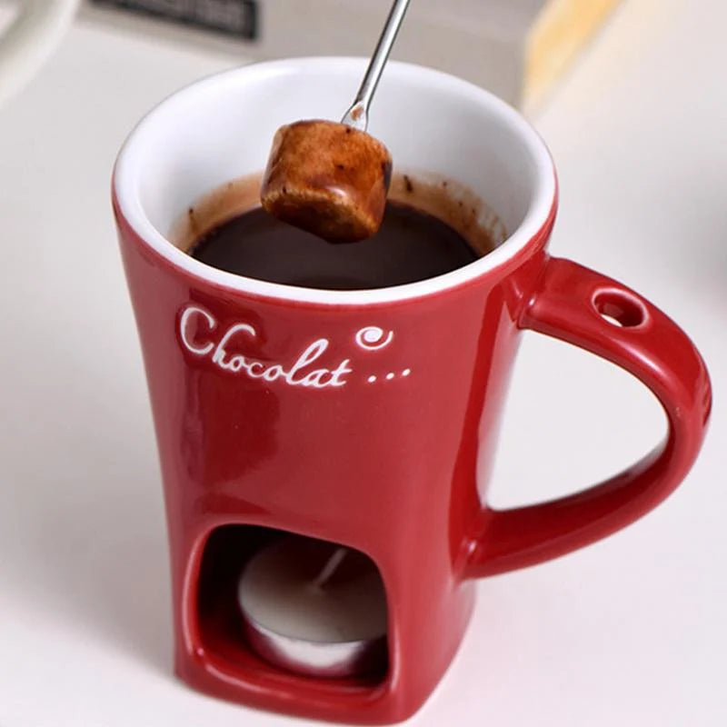 Chocolate Fondue Cup Candle-Heated Ceramic Stainless Steel Fork