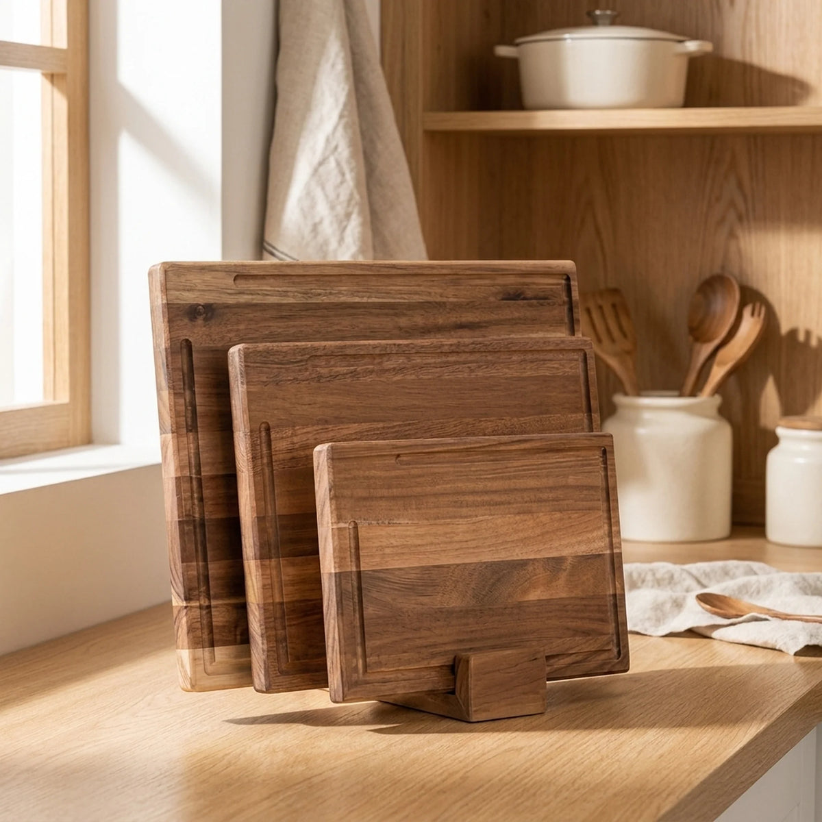 Chopping Board Set Juice Grooves Wooden Stand