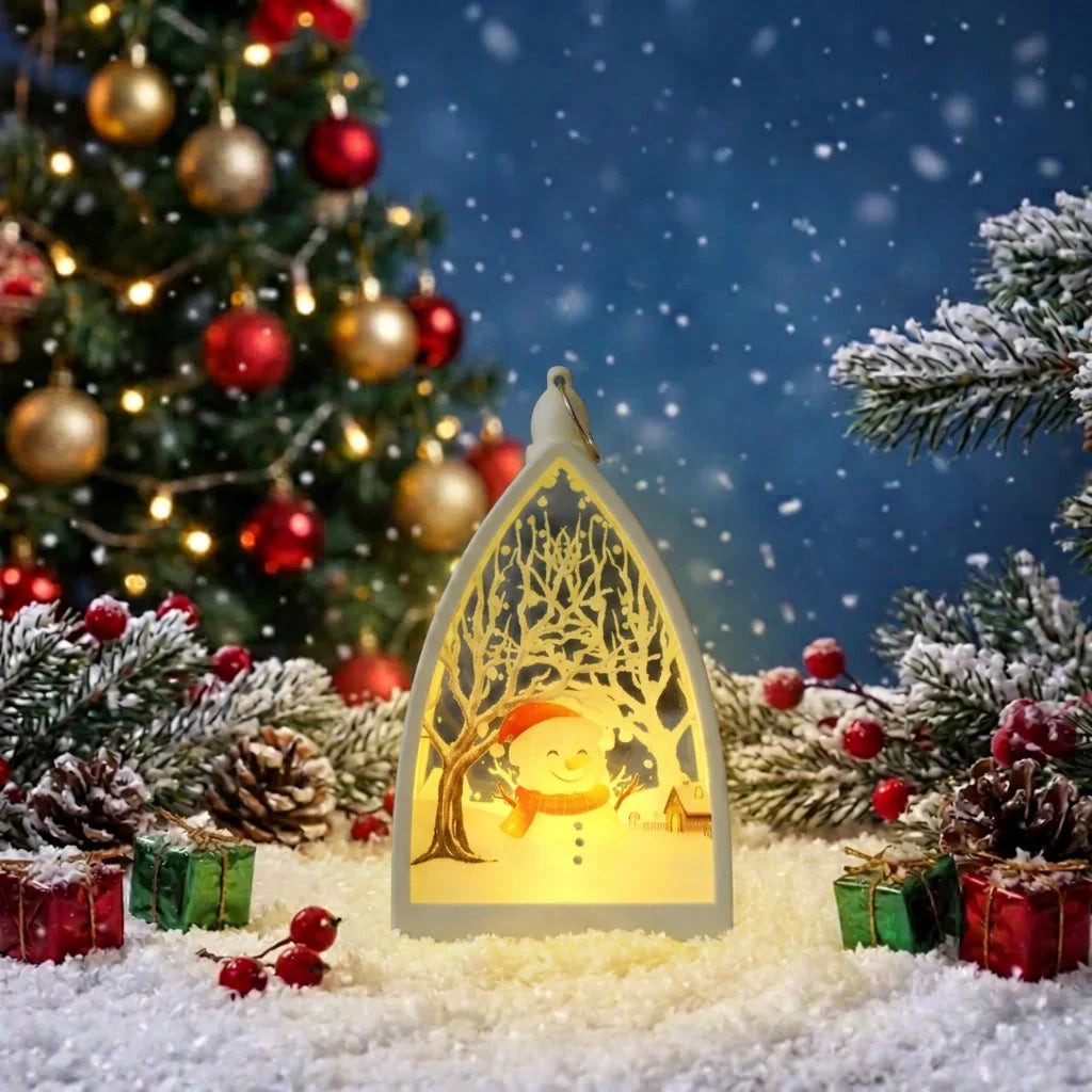 Christmas Cathedral Ornament Warm LED Reindeer & Snowman Motif