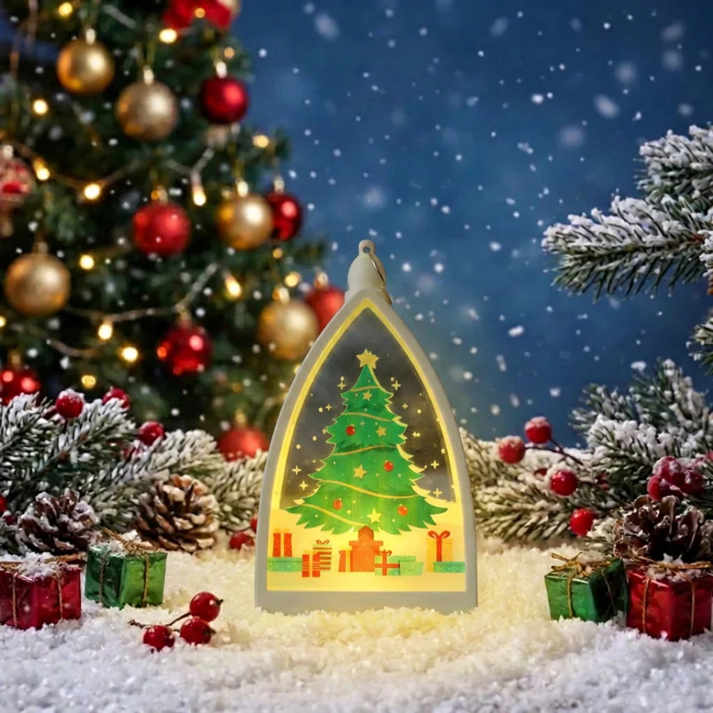 Christmas Cathedral Ornament Warm LED Reindeer & Snowman Motif