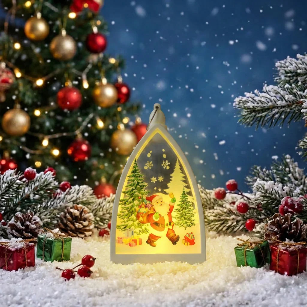Christmas Cathedral Ornament Warm LED Reindeer & Snowman Motif