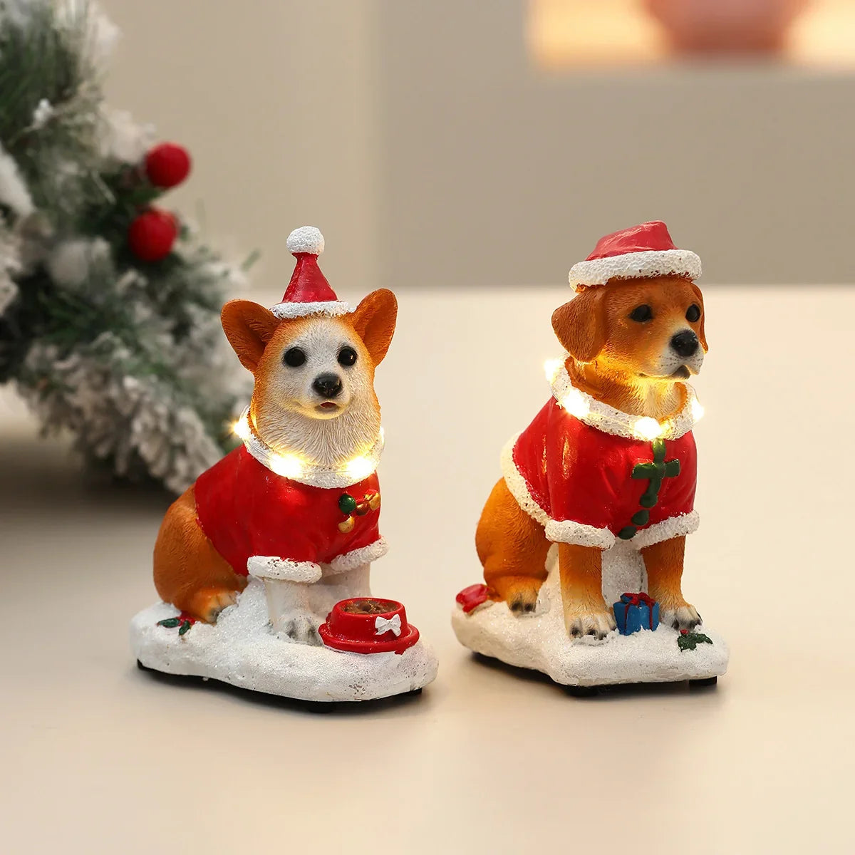 Christmas Dog Figurine LED-Illuminated Resin Indoor & Covered Outdoor