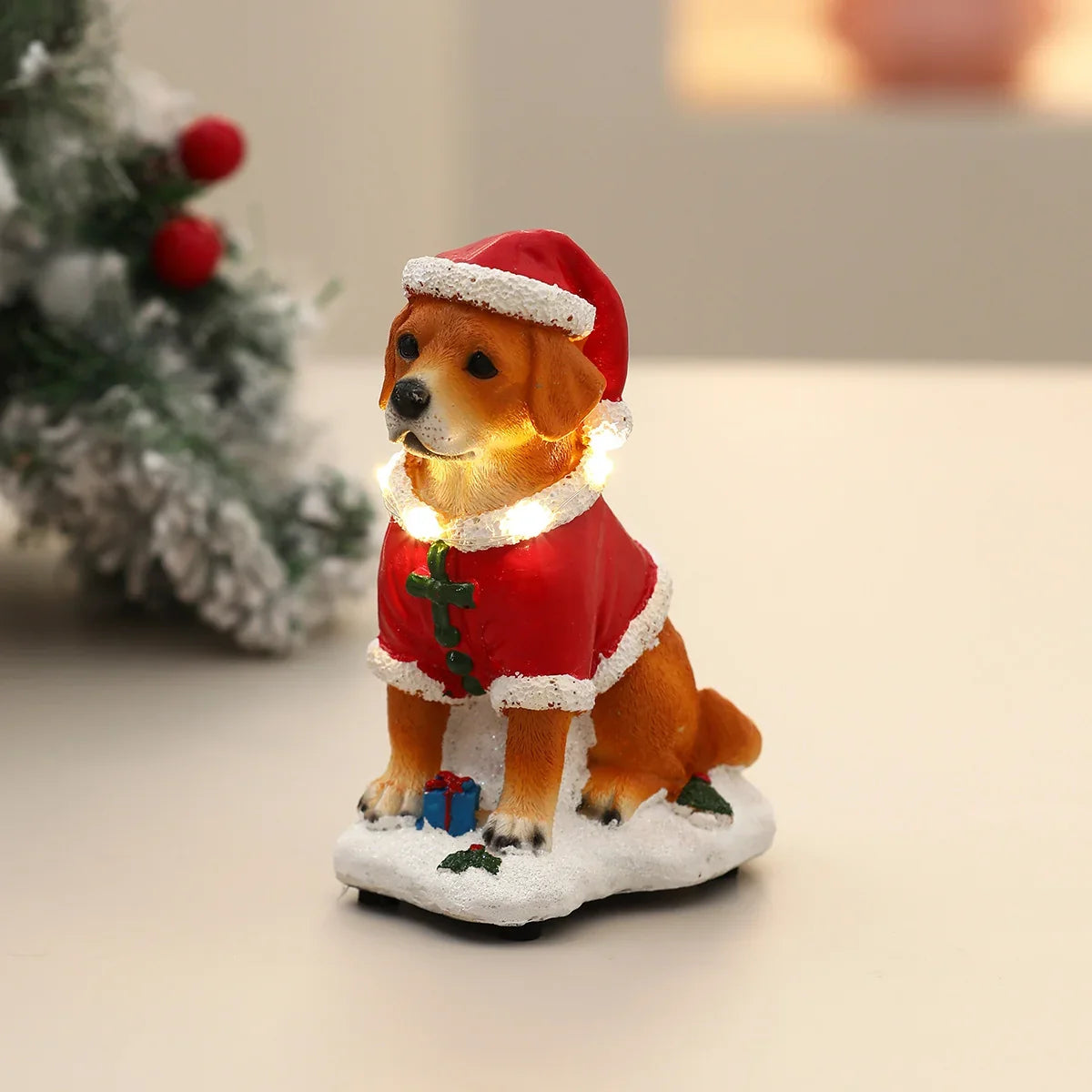 Christmas Dog Figurine LED-Illuminated Resin Indoor & Covered Outdoor