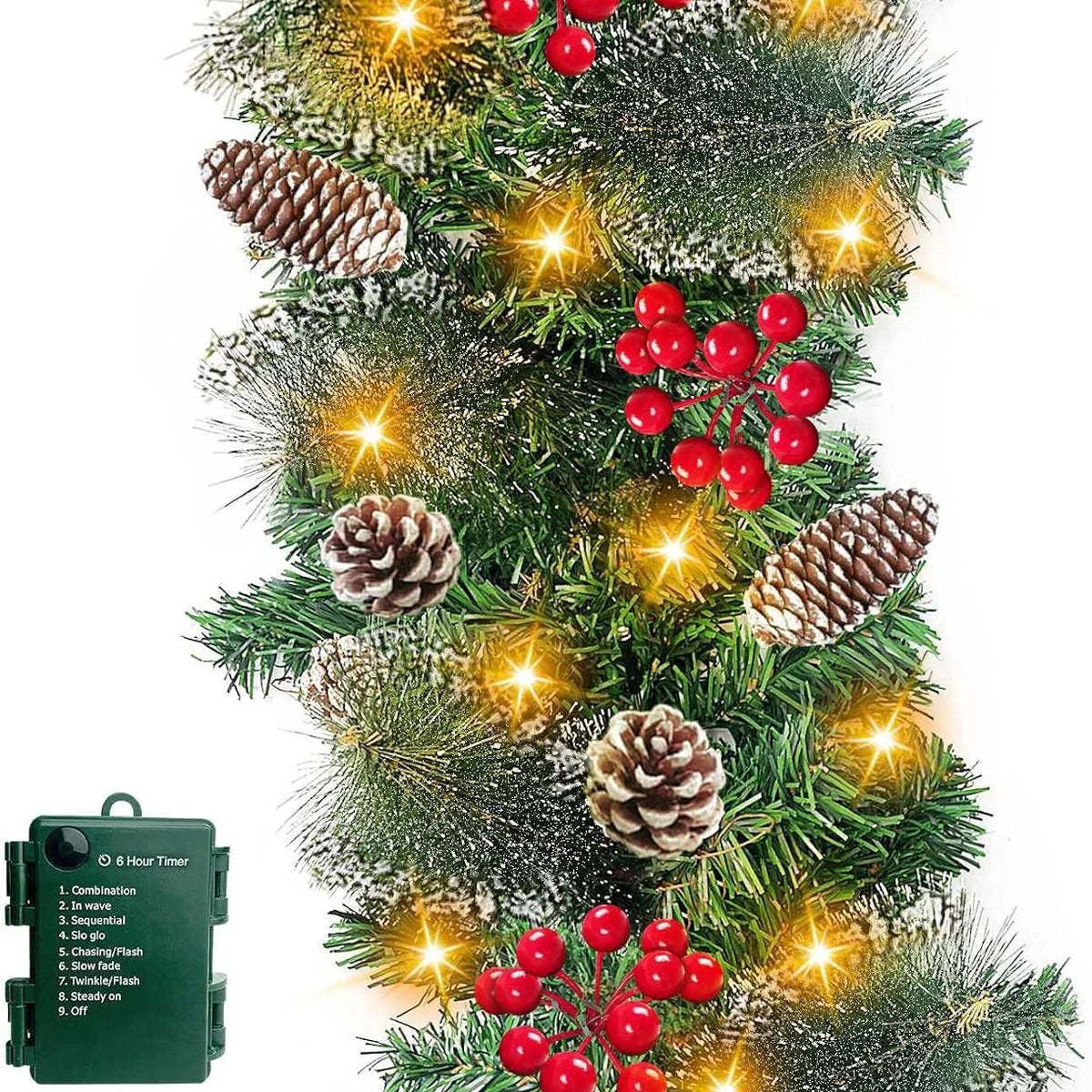 Christmas Garland Warm LED Pinecone Accents Weatherproof Timer