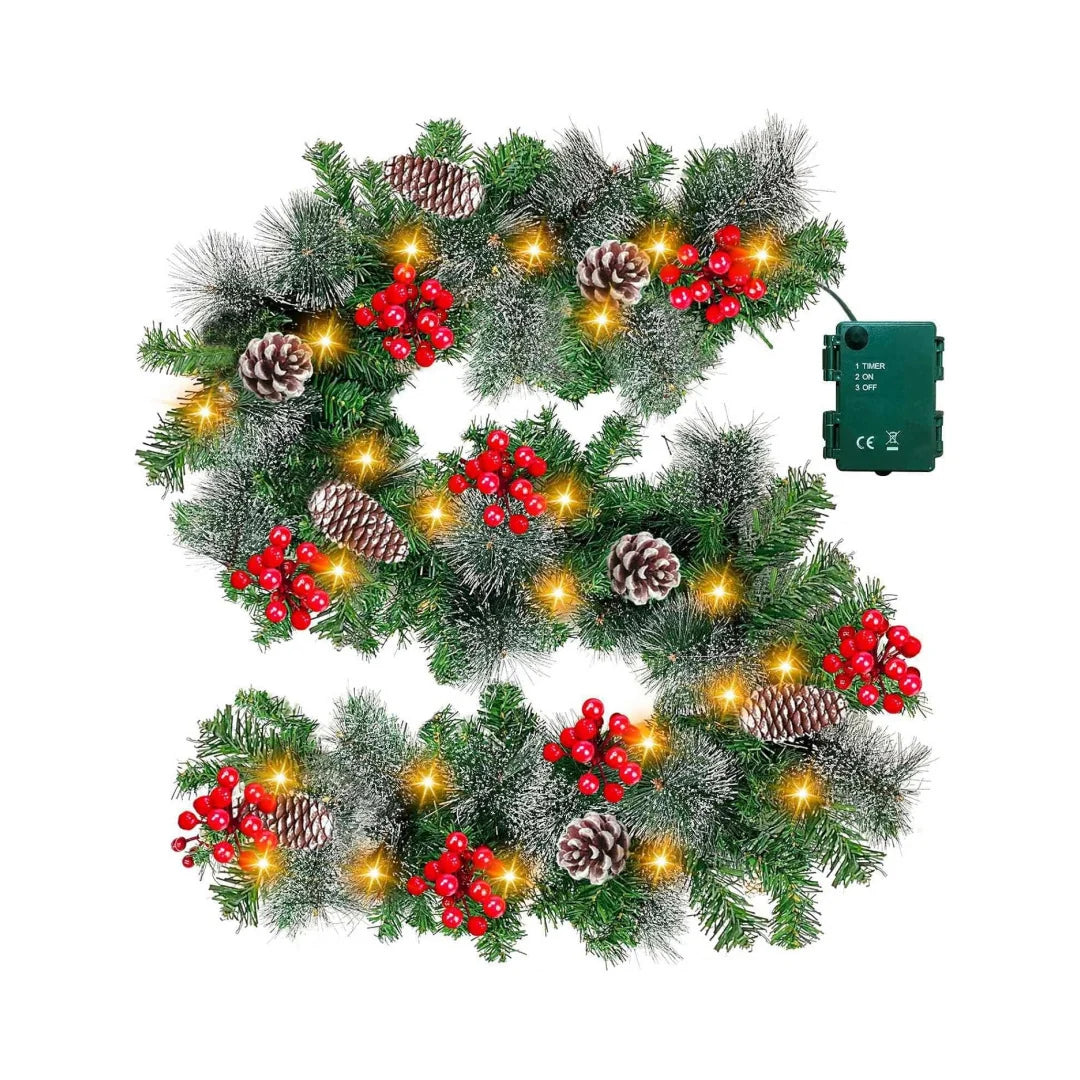 Christmas Garland Warm LED Pinecone Accents Weatherproof Timer