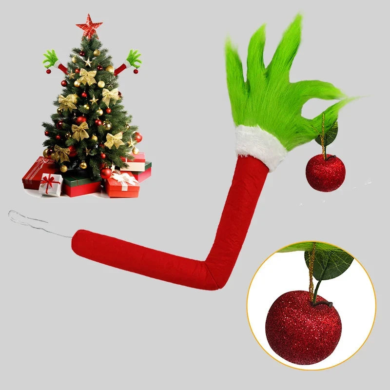 Christmas Hand Decoration Green Faux Fur Red Glove