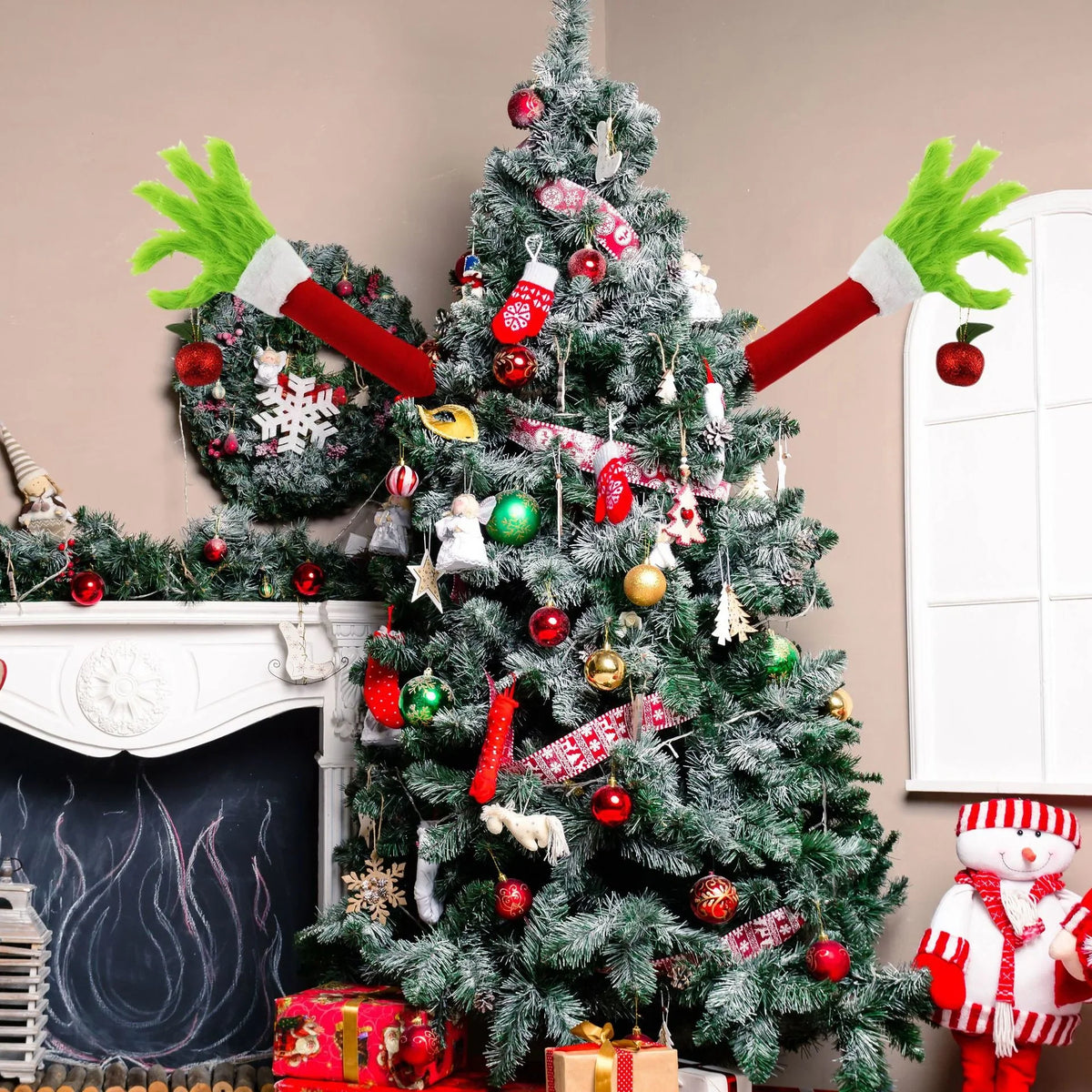 Christmas Hand Decoration Green Faux Fur Red Glove