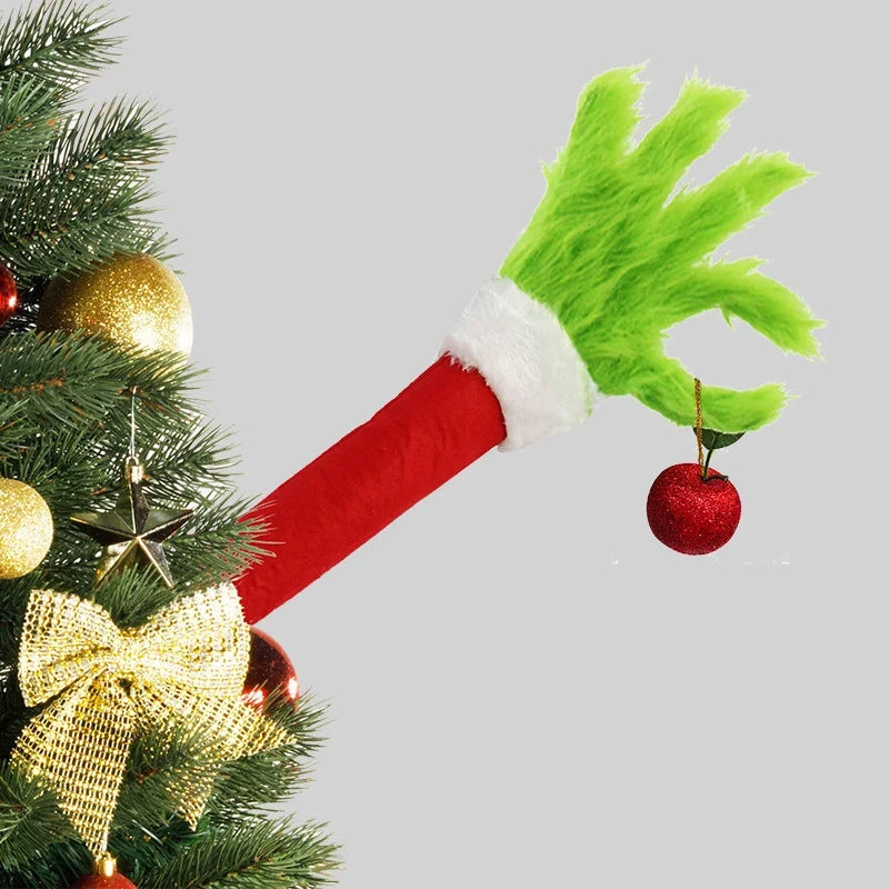 Christmas Hand Decoration Green Faux Fur Red Glove