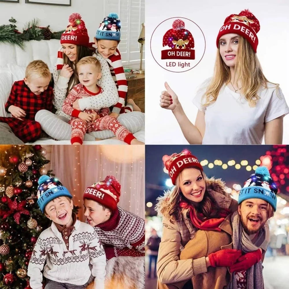 Christmas Hat LED Lights Stretchy Knit Pom-Pom