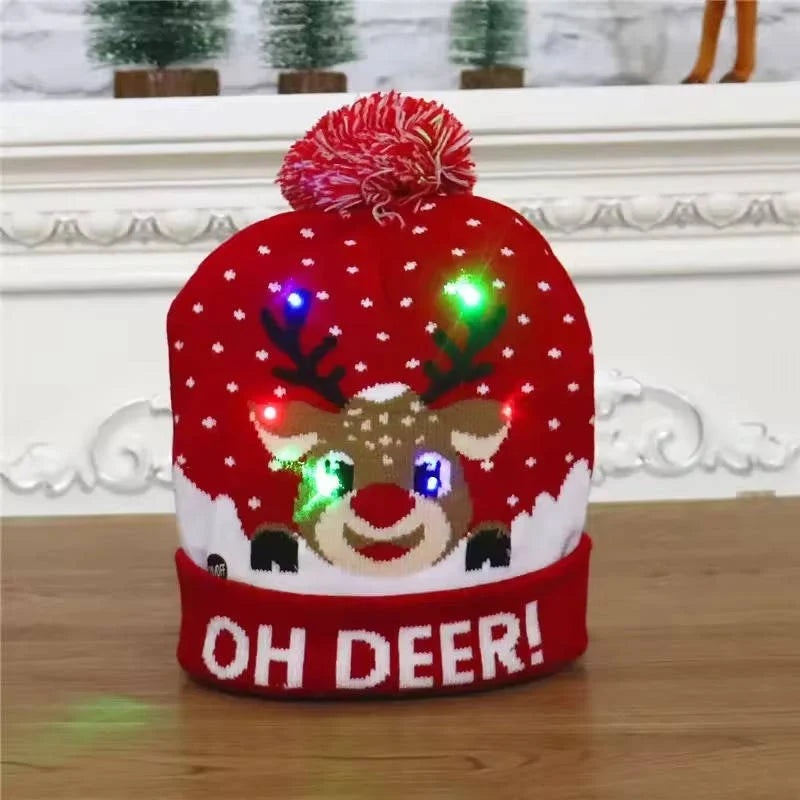 Christmas Hat LED Lights Stretchy Knit Pom-Pom