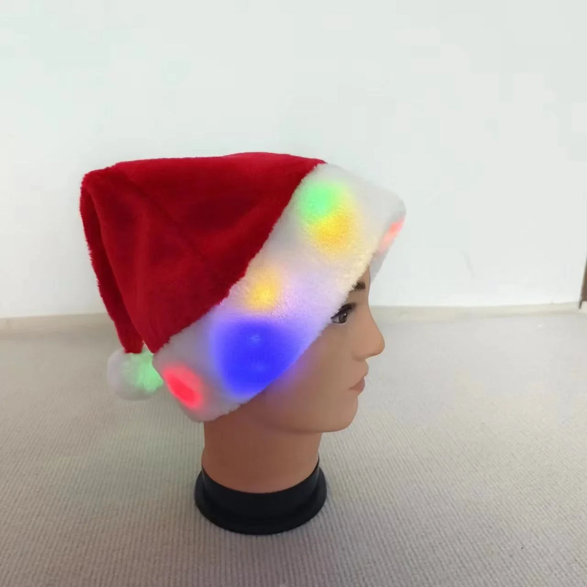 Christmas Hat Plush Colorful Lights Red Pom-Pom