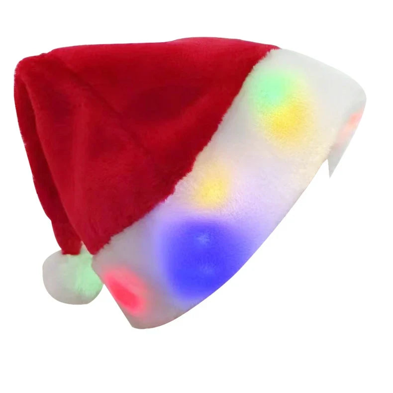 Christmas Hat Plush Colorful Lights Red Pom-Pom