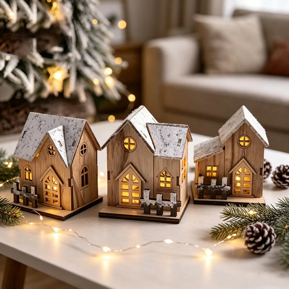 Christmas House Wooden Snow-Effect Tabletop