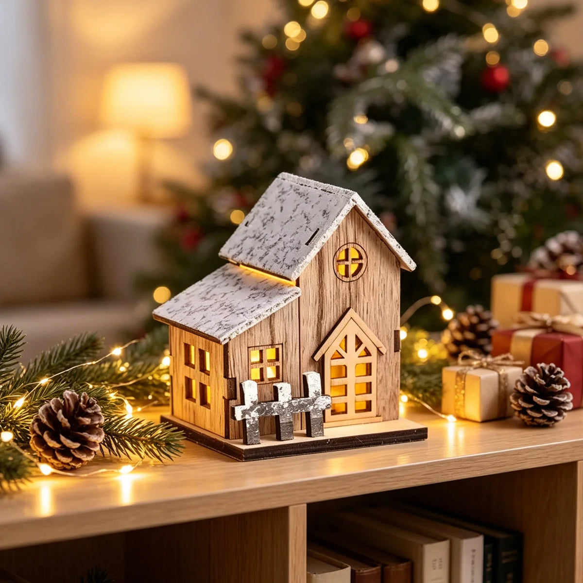 Christmas House Wooden Snow-Effect Tabletop