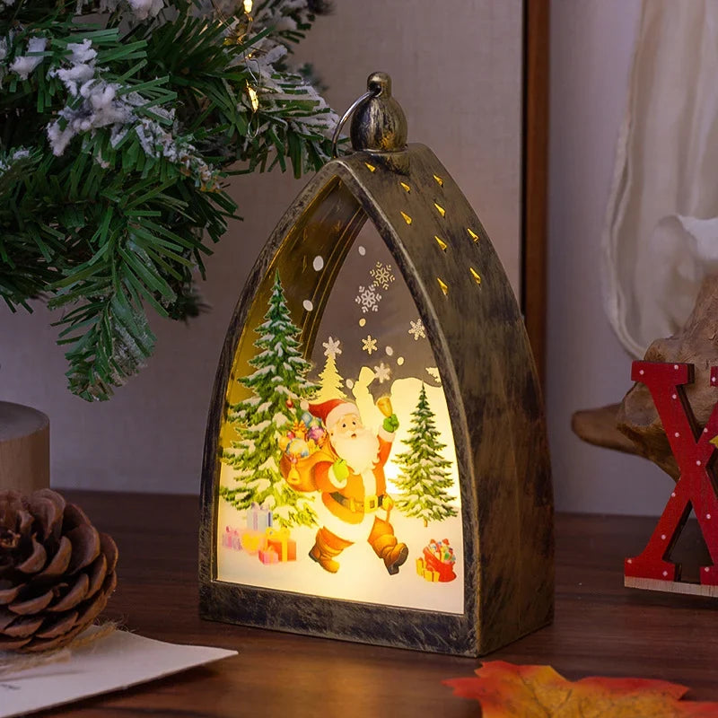 Christmas Lantern Built-In LED Santa & Tree Scene