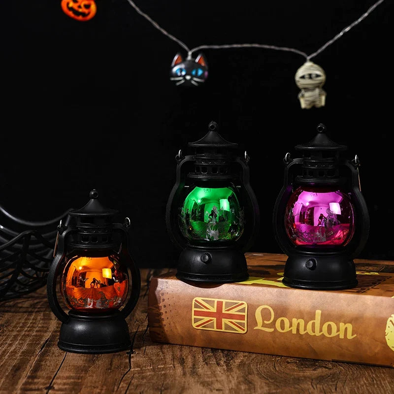 Christmas Lantern Vintage Metal & Glass Illuminated Scene